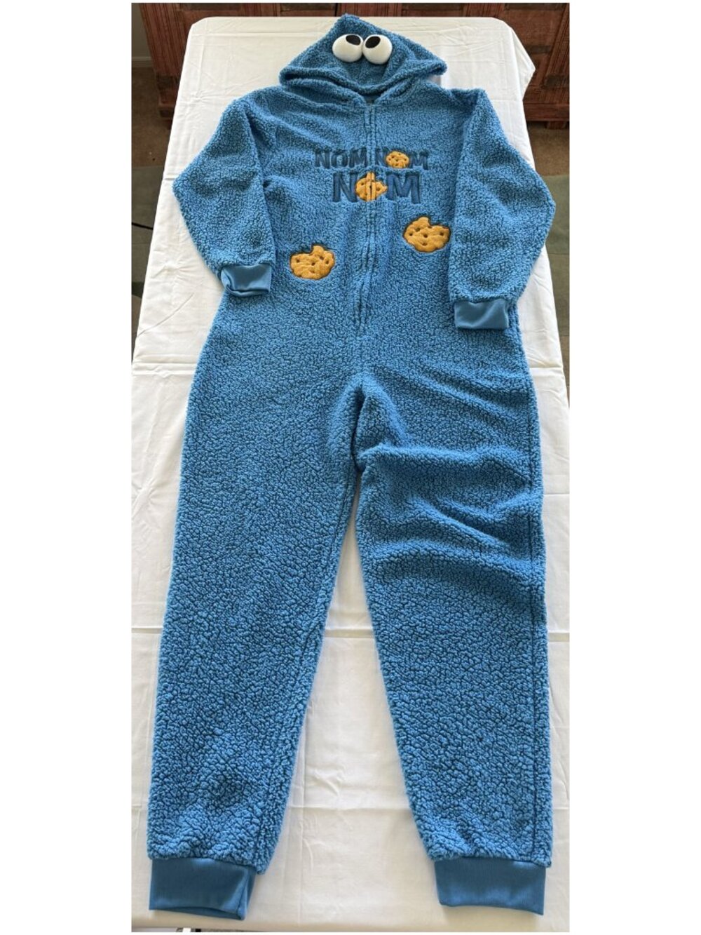 Sesame Street Cookie Monster One Piece Pajama L/XL Blue Hooded Fleece